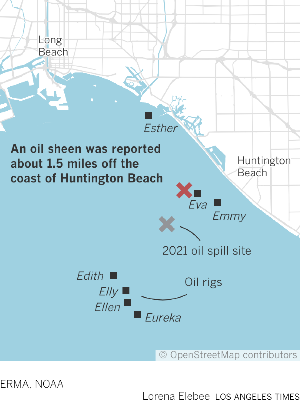 Map shows off-shore oil platforms and pipeline connections south of  Huntington Beach.