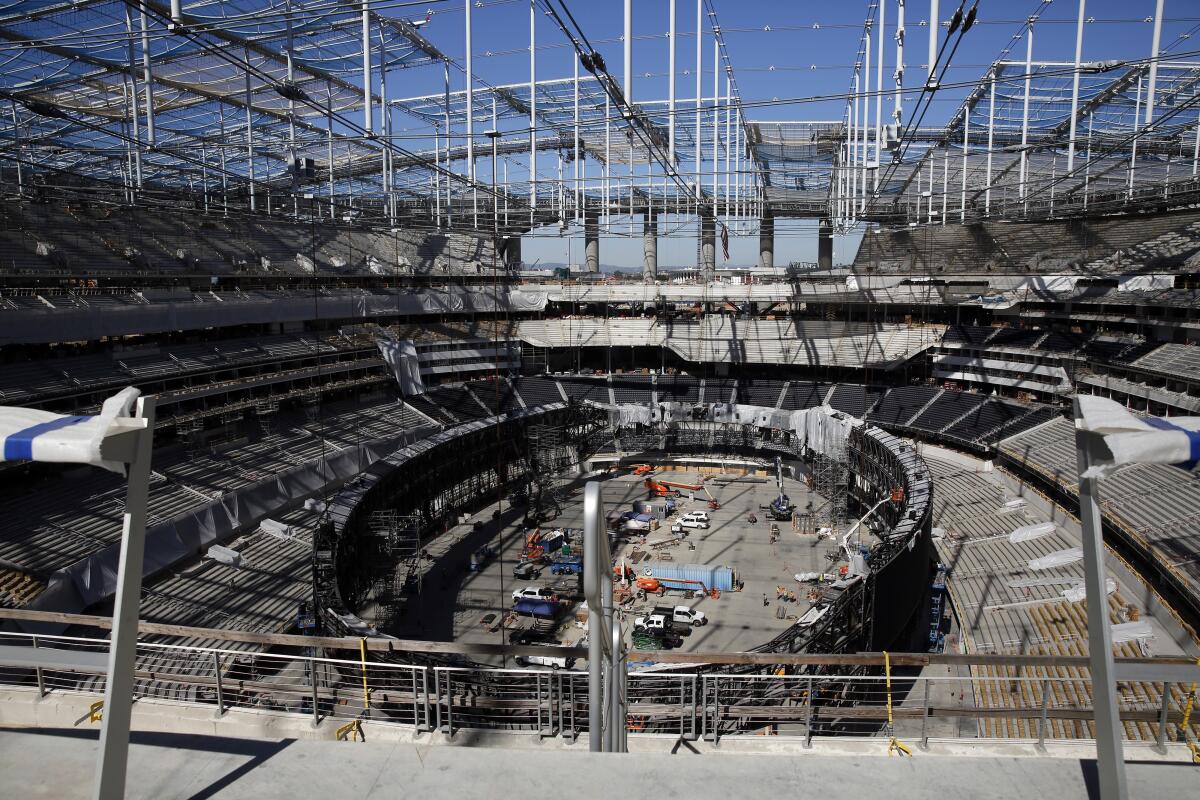 SoFi Stadium is shown under construction in February.