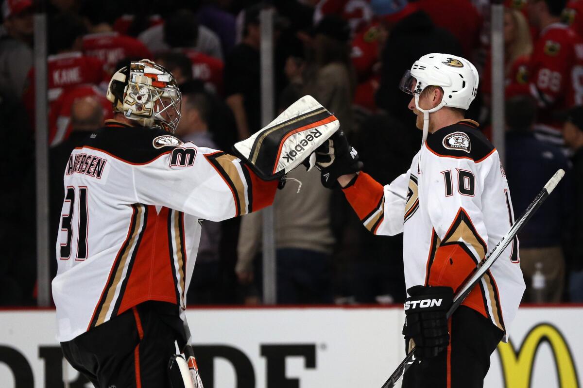 Frederik Andersen made 27 saves in the Ducks' 2-1 victory over the Chicago Blackhawks in Game 3 of the Western Conference finals.