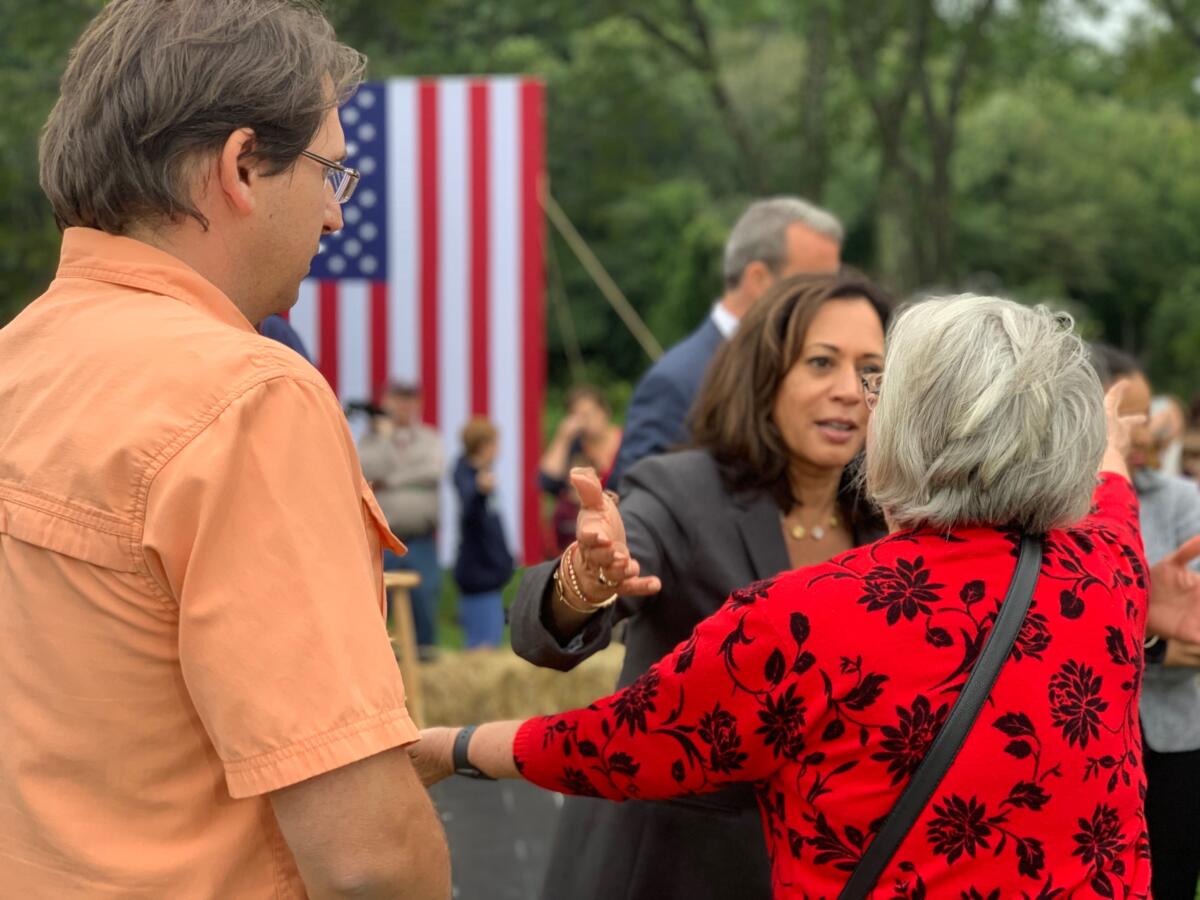 Kamala Harris greets voters after a town hall in Londonderry, N.H., on Sept. 6.