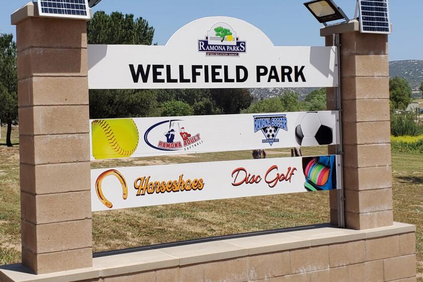 A Wellfield Park sign displays several types of sports activities available at the park, including disc golf.