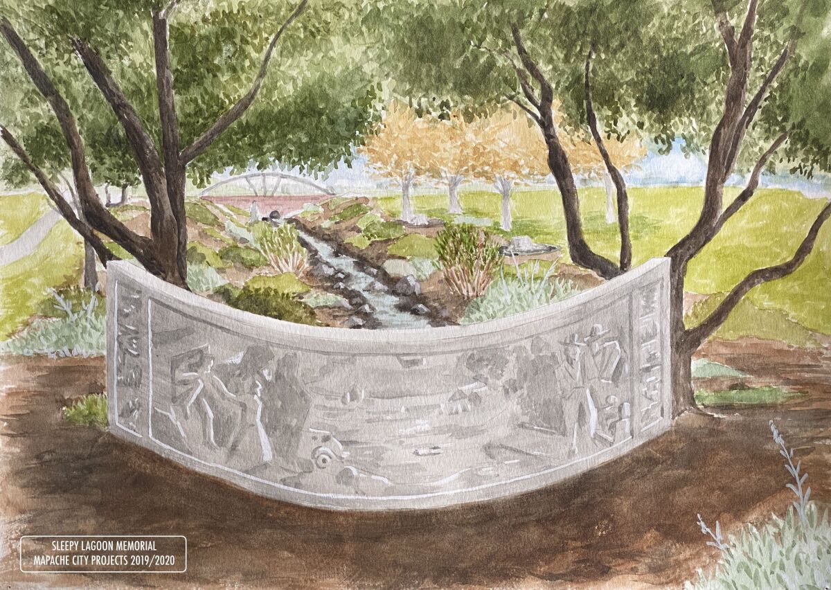 A rendering for a memorial to Sleepy Lagoon shows a garden and a panel honoring Chicano youths of the '40s