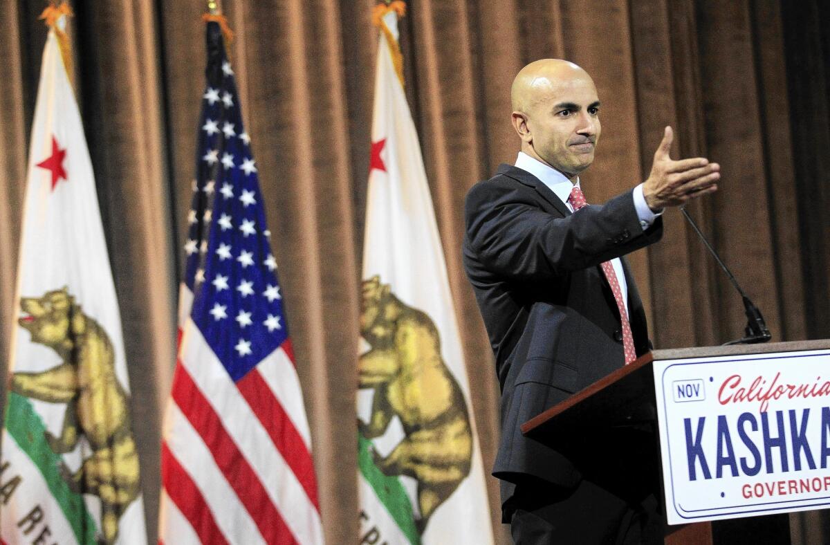 Republican candidate for governor Neel Kashkari takes questions at a news conference in Corona del Mar. With little money, Kashkari admits he's in for a challenge.