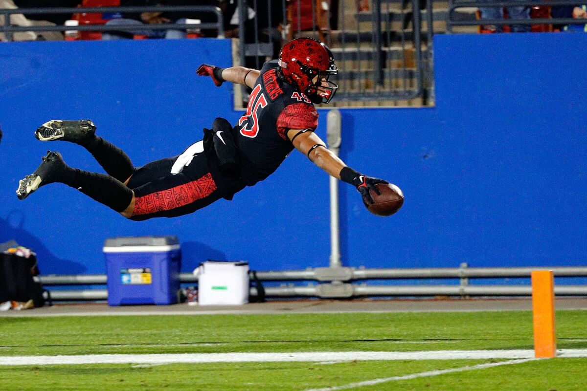 Jesse Matthews #45 of the San Diego State Aztecs stretches for the pylon as he dives to score a touchdown.