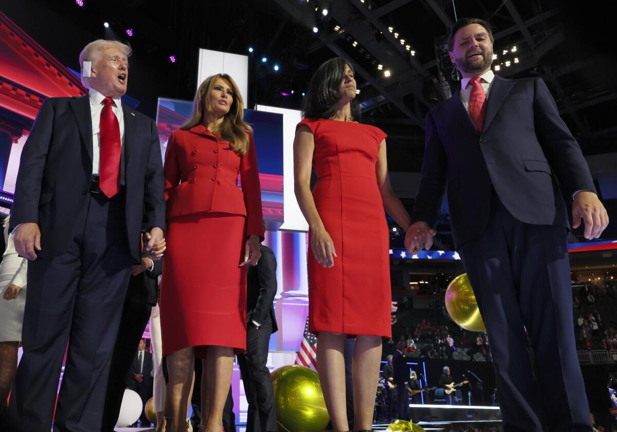 Donald and Melania Trump join Usha and J.D. Vance at the Republican National Convention. 