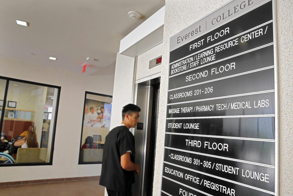 Corinthian Colleges said last month that it would sell 85 of its 107 campuses and online programs. Above, the lobby of Corinthian's Everest College in Santa Ana in June.
