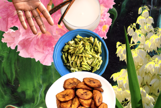 Photo collage of plantains horchata, flowers and hands 