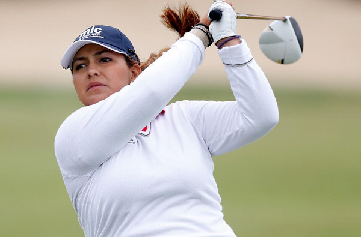 Lizette Salas watches her drive at No. 6 during the second round of the U.S. Women's Open on Friday at Sebonack Golf Club.