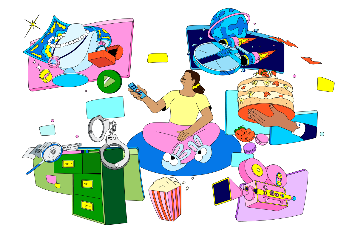 Illustration of a seated woman with remote control in hand, surrounded by a cake, a planet, a movie camera, popcorn and more