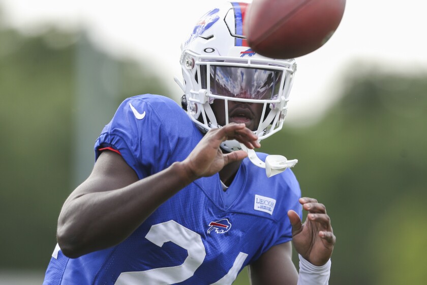 Buffalo Bills cornerback Kaiir Elam (24) makes a catch during practice at the NFL football team's training camp in Pittsford, N.Y., Saturday July 30, 2022. (AP Photo/Joshua Bessex)