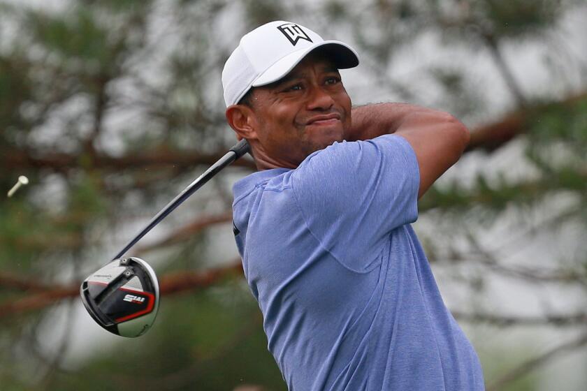DUBLIN, OHIO - MAY 30: Tiger Woods hits his tee shot on the 11th hole during the first round of The Memorial Tournament Presented by Nationwide at Muirfield Village Golf Club on May 30, 2019 in Dublin, Ohio. (Photo by Matt Sullivan/Getty Images) ** OUTS - ELSENT, FPG, CM - OUTS * NM, PH, VA if sourced by CT, LA or MoD **