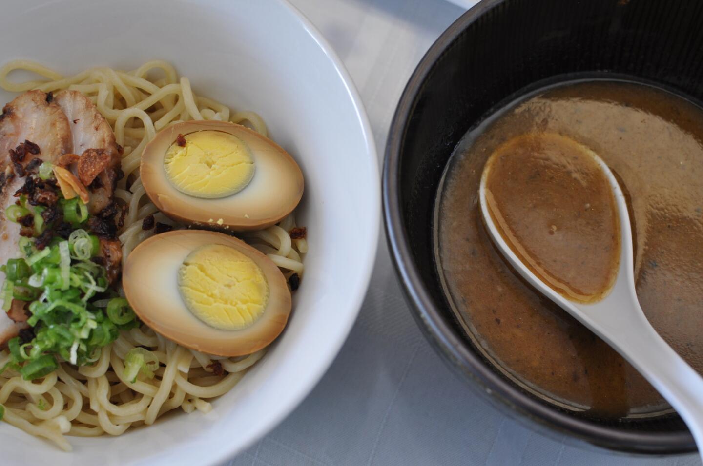 BamBiBu's tsukemen offers naked bouncy noodles, ready to dip into a heavy pork broth.