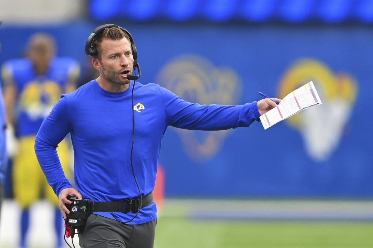 Rams coach Sean McVay argues a call during a win over the Carolina Panthers on Oct. 16.