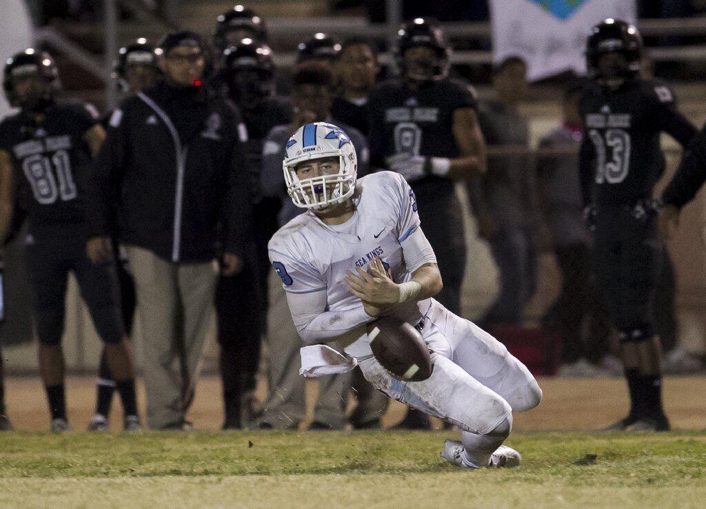 Corona del Mar High quarterback Chase Garbers can't bring in a pass on a trick play against Buena Park.