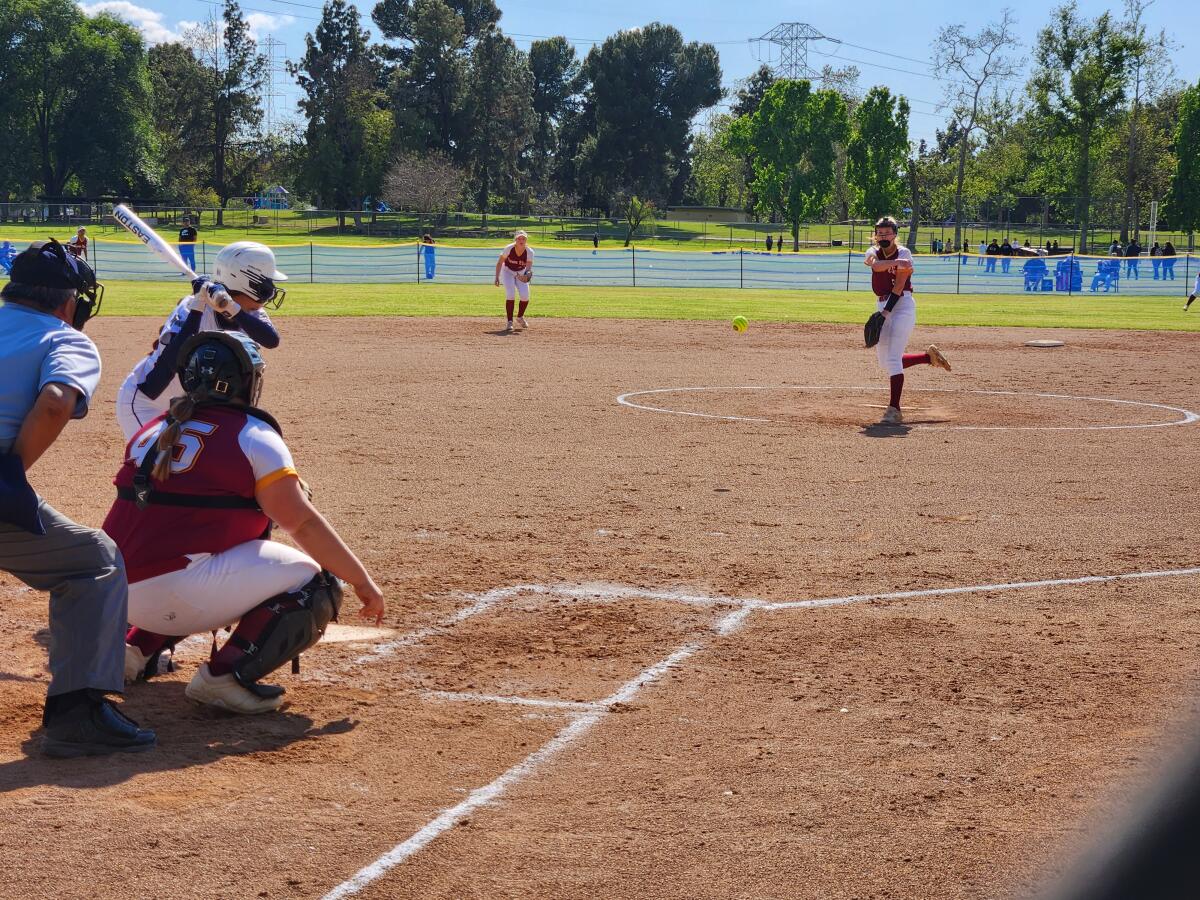 Ocean View's Kaitlyn Knobbe throws a pitch against South El Monte.