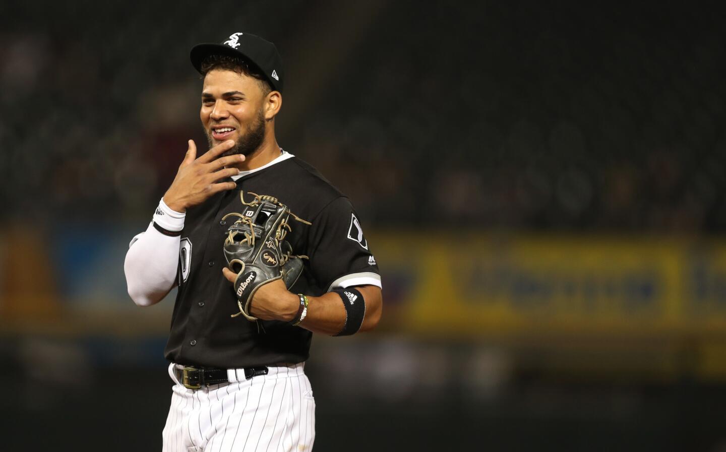 White Sox second baseman Yoan Moncada laughs during a break in the action in the ninth inning of a game against the Indians at Guaranteed Rate Field on Tuesday, June 12, 2018.