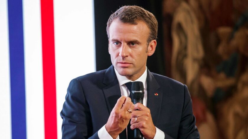 French President Emmanuel Macron speaks during a conference in Paris on May 31.