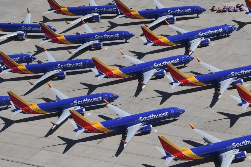 (FILES) In this file photo taken on March 28, 2019 Southwest Airlines Boeing 737 MAX aircraft are parked on the tarmac after being grounded, at the Southern California Logistics Airport in Victorville, California. - The US's aviation regulator has still not received Boeing's proposed fix for its 737 MAX aircraft, which have been grounded globally following two deadly crashes, the agency's chief said on May 22, 2019. (Photo by Mark RALSTON / AFP)MARK RALSTON/AFP/Getty Images ** OUTS - ELSENT, FPG, CM - OUTS * NM, PH, VA if sourced by CT, LA or MoD **
