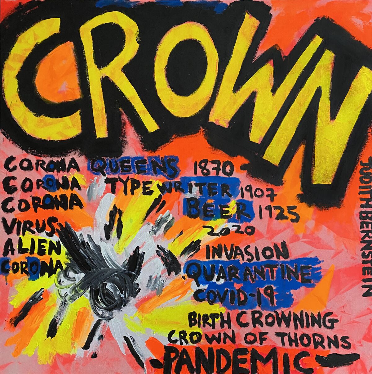 A painting features the word 'CROWN' in yellow capital letters, along with various plays on the words 'crown' and 'corona'