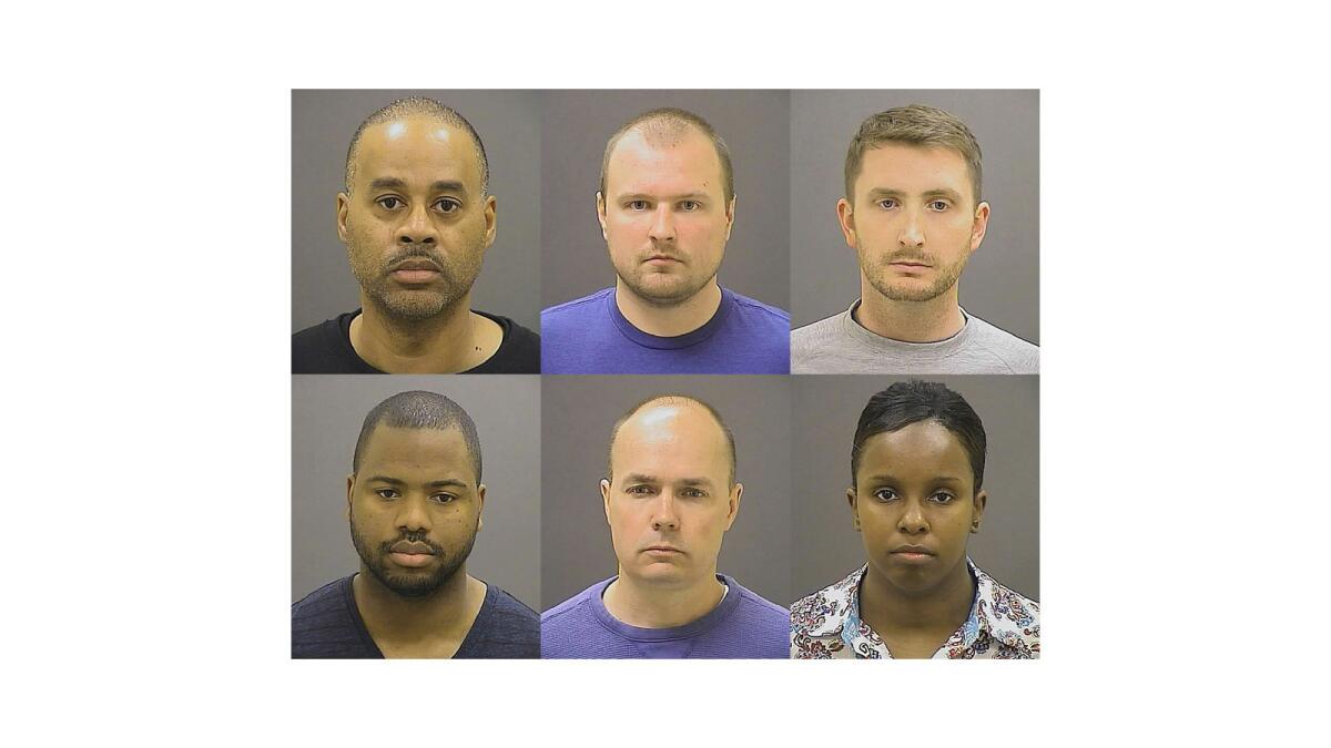 Charges were dropped against Baltimore police officers accused of contributing to the death of Freddie Gray. Top row, from left, Caesar Goodson Jr., Garrett Miller and Edward Nero. Bottom row, from left: William Porter, Brian Rice and Alicia White.