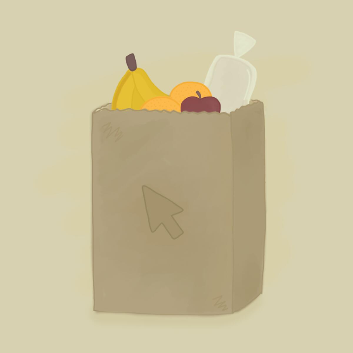 Illustration of a bag of groceries with a mouse cursor on it.