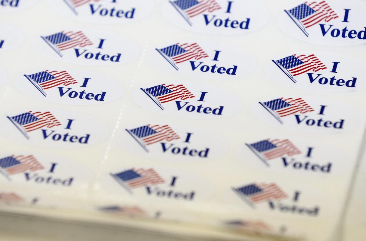 "I Voted" stickers for the 2016 election lay on a table at the Chase County Community Building in Cottonwood Falls, Kansas, on Wednesday.