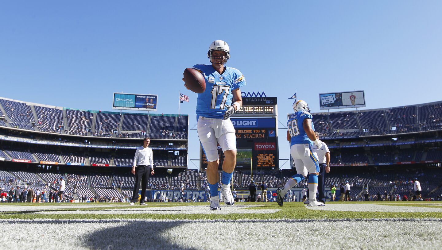 San Diego Chargers quarterback Philip Rivers warms up before a game against the Tennessee Titans at Qualcomm Stadium on Nov. 6, 2016.