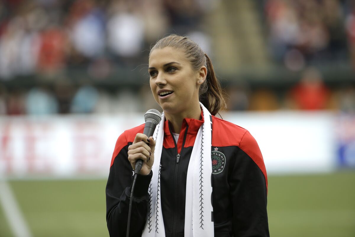 Alex Morgan speaks to Portland crowd before their NWSL soccer match against Seattle Reign in Portland, Ore., July 22, 2015. 