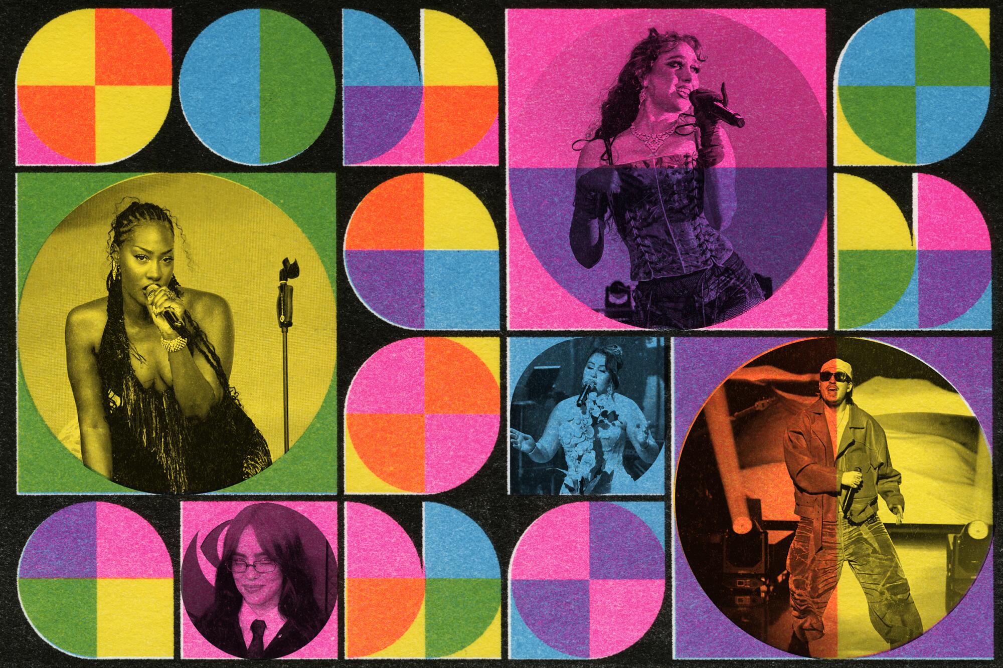 A risograph print with graphic interpretations of the letters for "Songs" and a few images of different artists performing.