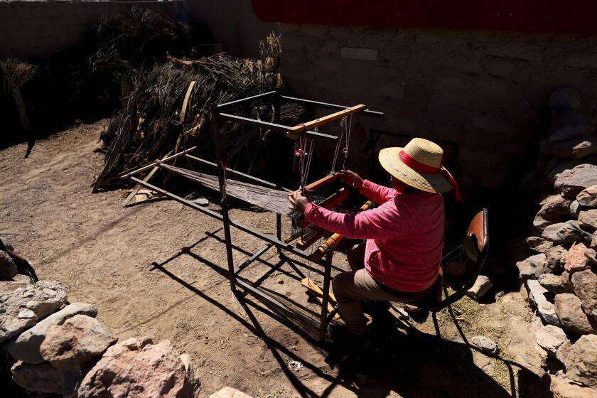 Teófila Challapa weaves on her loom at home in Cariquima, Chile, Monday, July 31, 2023. Challapa, 59, prays before beginning her work: “Mother Earth, give me strength, because you're the one who will produce, not me." (AP Photo/Ignacio Munoz)