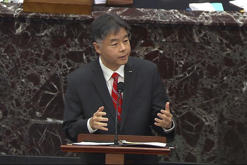 In this image from video, House impeachment manager Rep. Ted Lieu, D-Calif., speaks during the second impeachment trial of former President Donald Trump in the Senate at the U.S. Capitol in Washington, Thursday, Feb. 11, 2021. (Senate Television via AP)