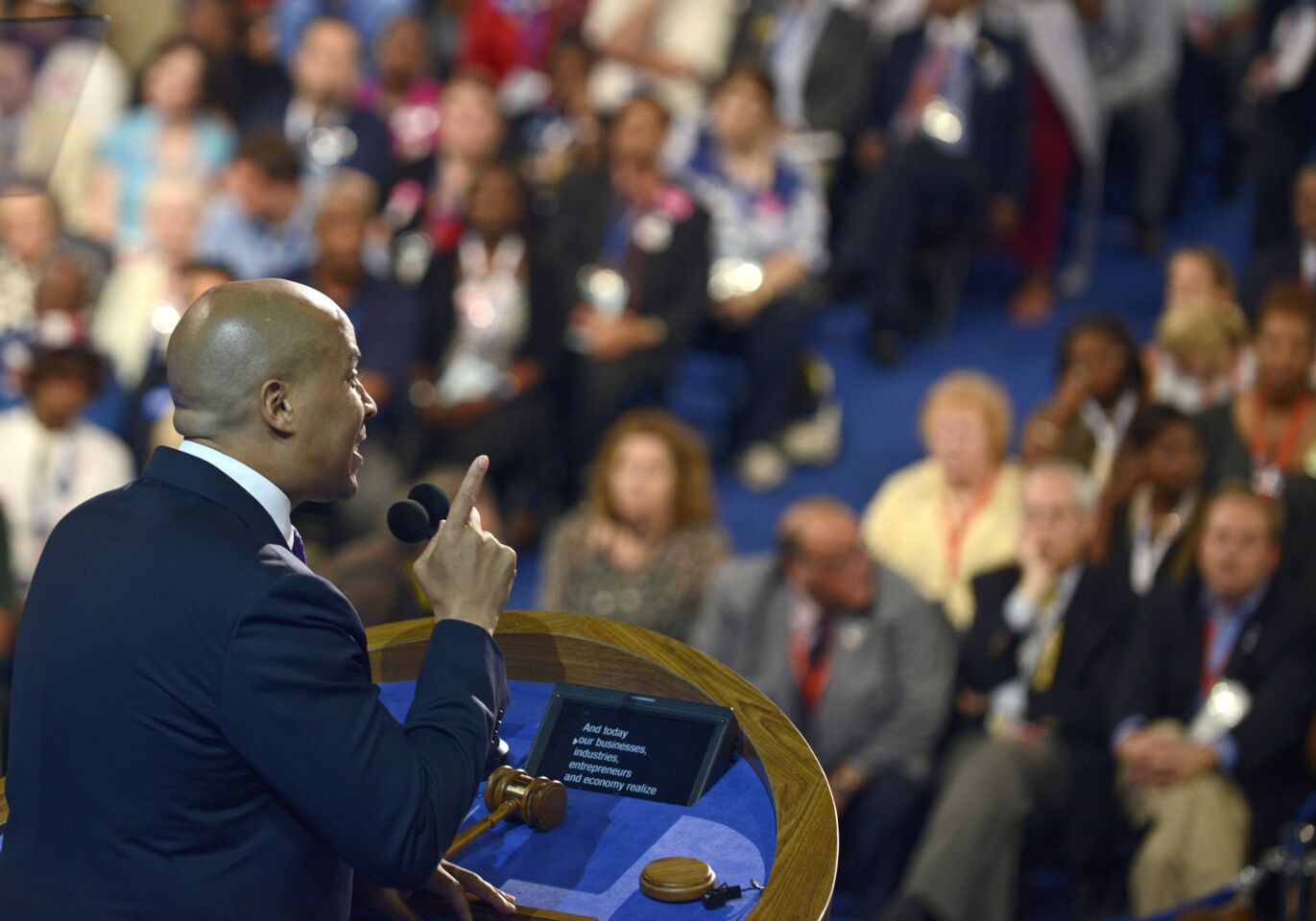 Newark, N.J., Mayor Cory Booker speaks to the audience in Charlotte, N.C., on the first day of the Democratic National Convention.