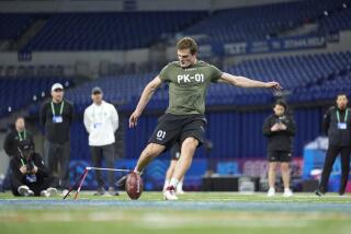 Stanford kicker Joshua Karty kicks the football during the NFL combine.