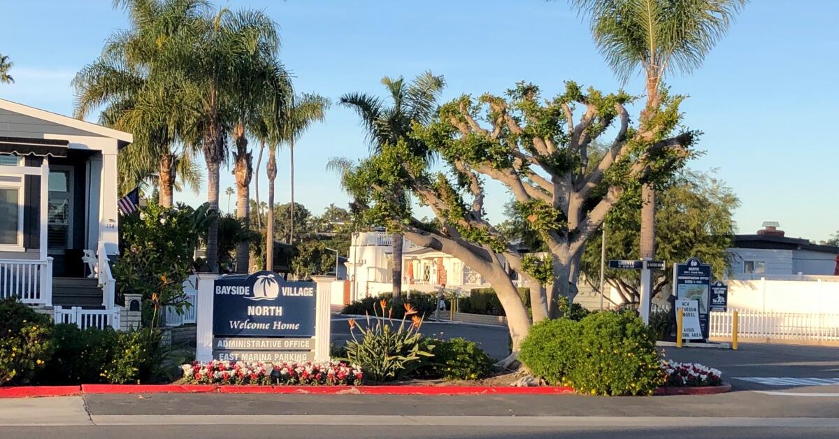 A welcome sign at the entrance of Bayside Village Mobile Home Park in Newport Beach.