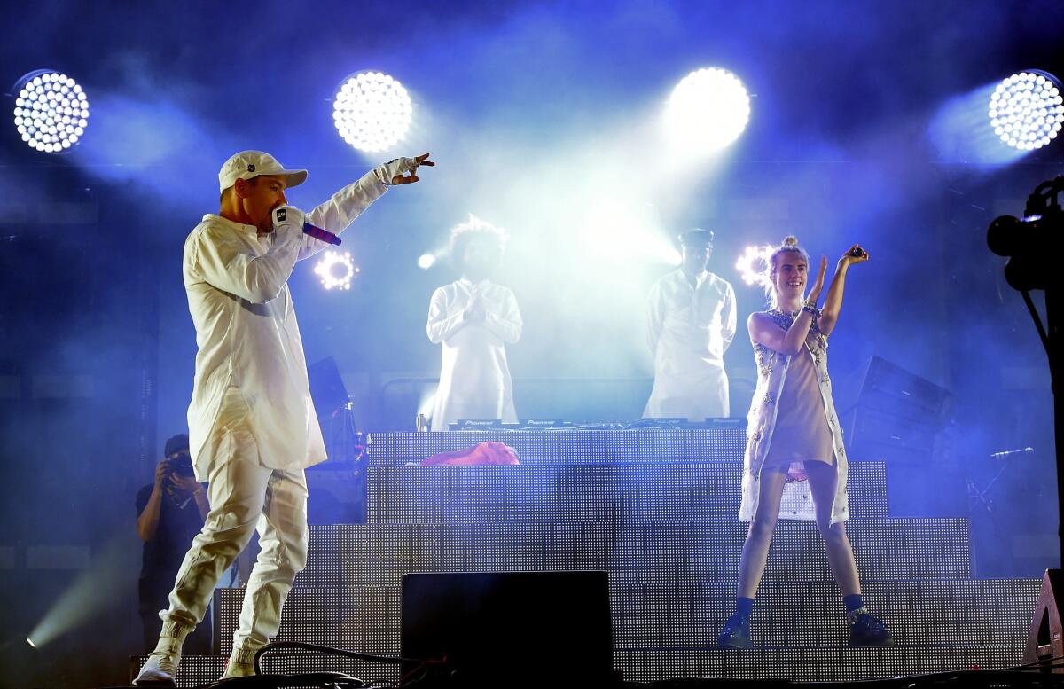 Musicians Diplo, Jillionaire, Walshy Fire of Major Lazer and special guest MØ perform onstage.