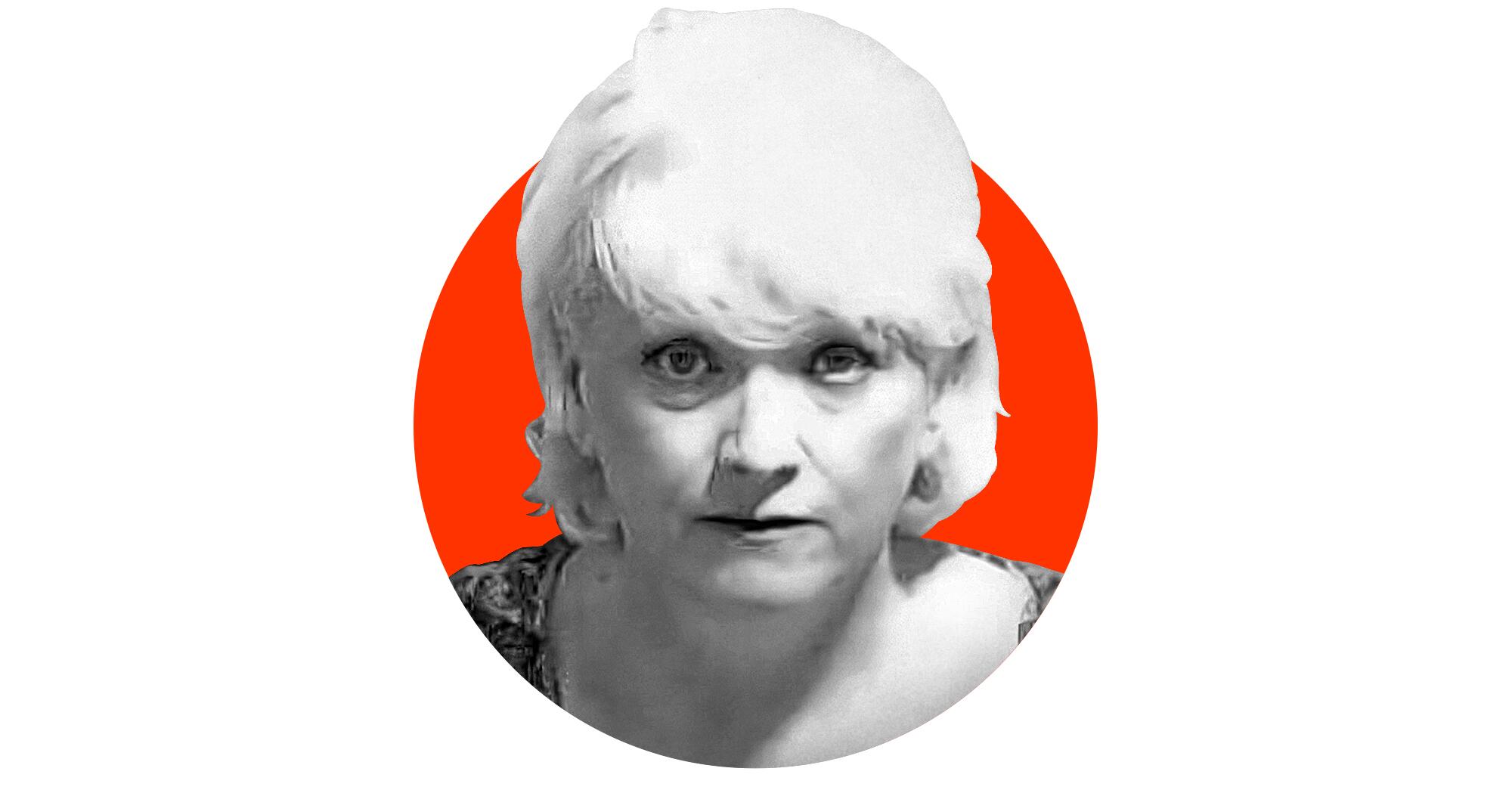 A black-and-white police mugshot of former Coffee County, Ga., GOP Chair Cathy Latham emerging from a red circle