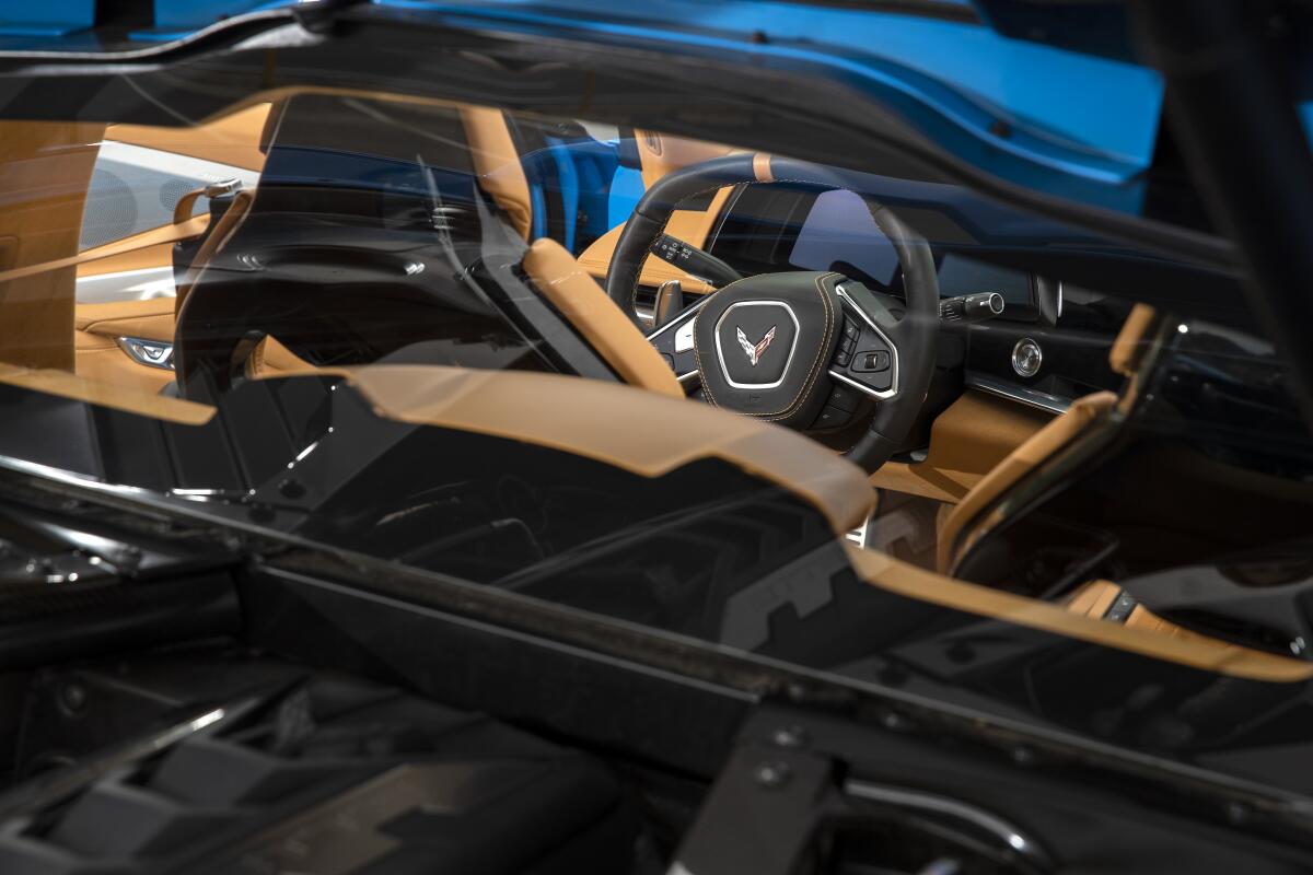 The new Corvette’s rear-hatch window provides visibility and a look at the powerful 6.2-liter V8 engine.