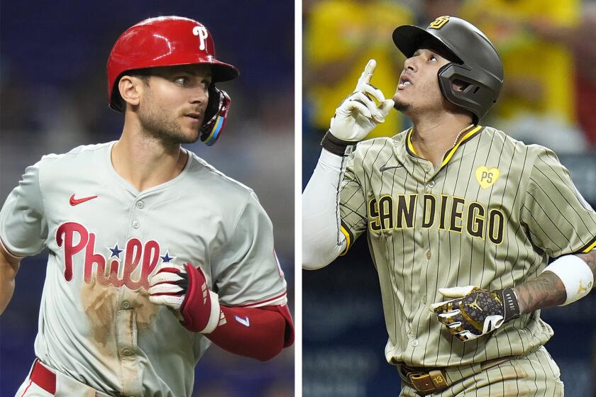 A split image of Phillies' Trea Turner on the left and Padres' Manny Machado on the right