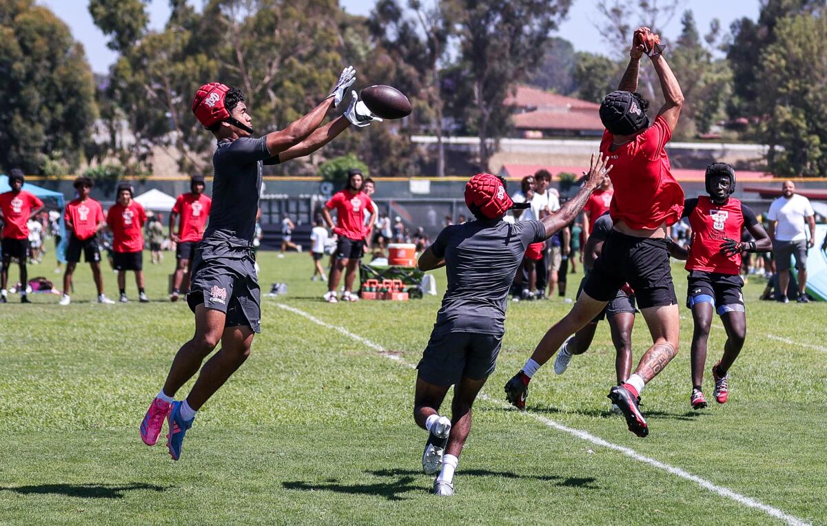 Freshman Ace Leutele comes up with the interception for Mater Dei against Tustin.
