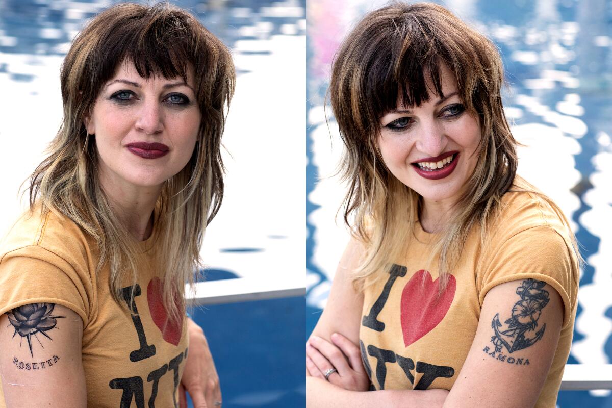 Two views of a woman in an "I Love NY" T-shirt.