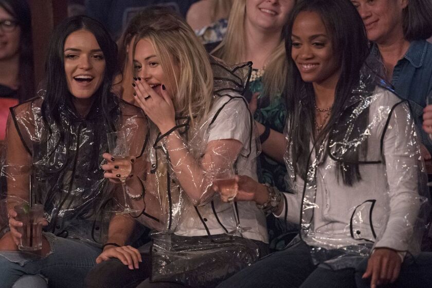 BACHELORETTE 13 - "Episode 1303" - PICTURED: RAVEN GATES, CORINNE OLYMPIOS, RACHEL LINDSAY. When Rachel's duplicitous suitor, DeMario, confronts her and pleads for a second chance, will she be able to forgive and forget? The Bachelorette lets three men go at the rose ceremony, but two of them do not take the news gracefully and argue noisily outside the mansion after their ejection. Six of the remaining lucky men are off on a group date to "The Ellen DeGeneres Show." Rachel takes one bachelor for a horseback ride down famed Rodeo Drive in Beverly Hills for an unusual shopping spree. Alexis, Corinne, Jasmine and Raven surprise Rachel by setting up a mud wrestling competition between eight of the bachelors in front of a boisterous crowd with some surprising results. A heated argument erupts among the men who attempt to warn Rachel about one guy they are convinced is not there for the "right reasons," on "The Bachelorette," MONDAY, JUNE 5 (8:00-10:01 p.m. EDT), on The ABC Television Network. (ABC/Matt Brown)