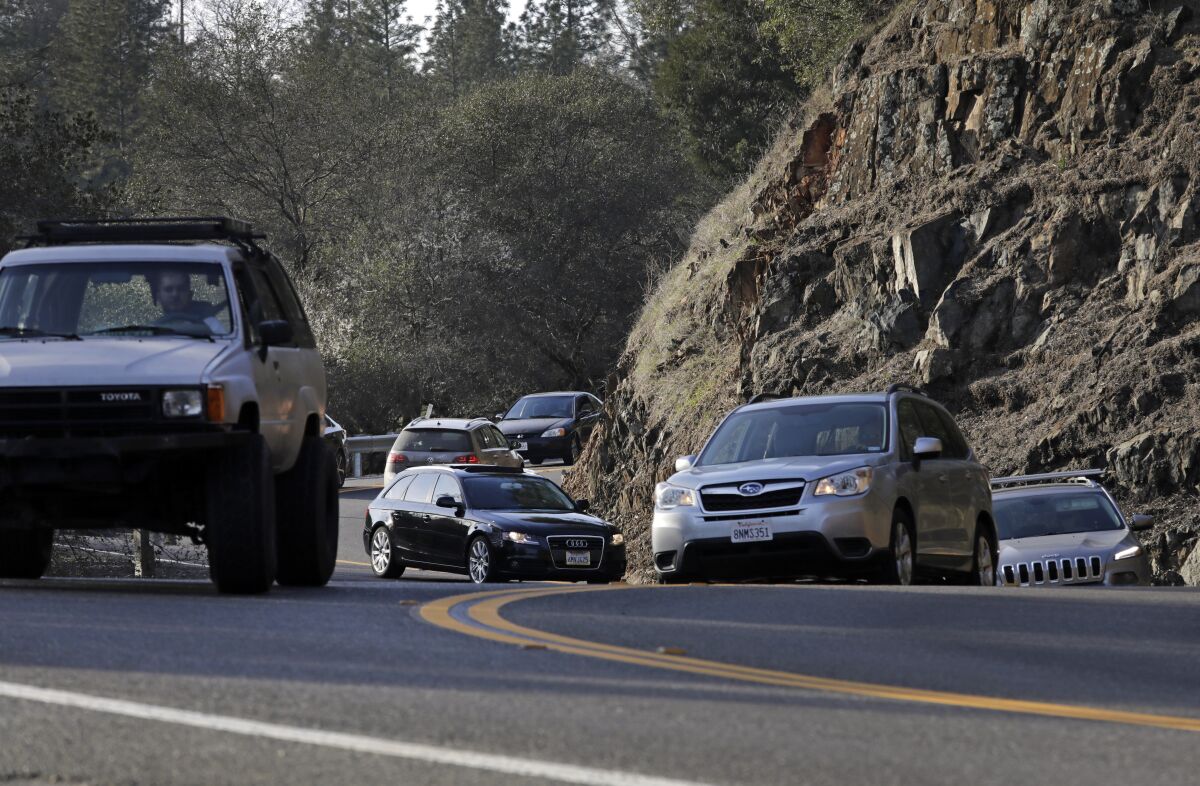 Traffic backs up on Highway 49 leading to Cool, Calif.