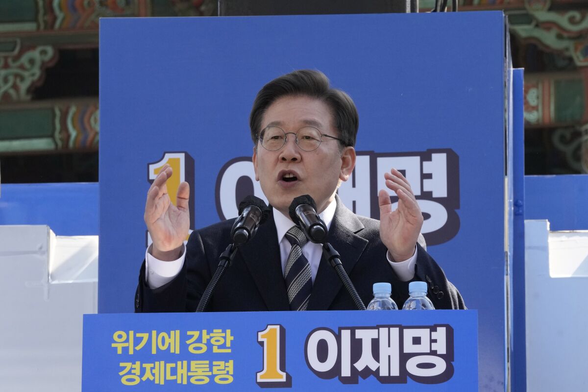 Lee Jae-myung, the presidential candidate of the ruling Democratic Party, speaks during a presidential election campaign in Seoul, South Korea on March 3, 2022. An unusually bitter election season in South Korea culminates on Wednesday, March 9 when tens of millions of voters pick their next president. The winner, who will be sworn into office in May and serve one five-year term, will face crucial challenges as the leader of a fast-aging nation that's grappling with economic inequalities, soaring debt and a growing North Korean nuclear threat. (AP Photo/Ahn Young-joon)