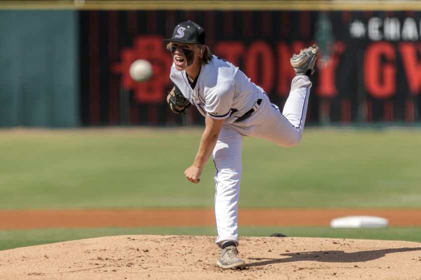 Santana's Destin Allen-Fox pitches to Patrick Henry in the first inning of the CIF San Diego Section Division I final at Tony Gwynn Stadium in San Diego on Friday, May 26, 2023.