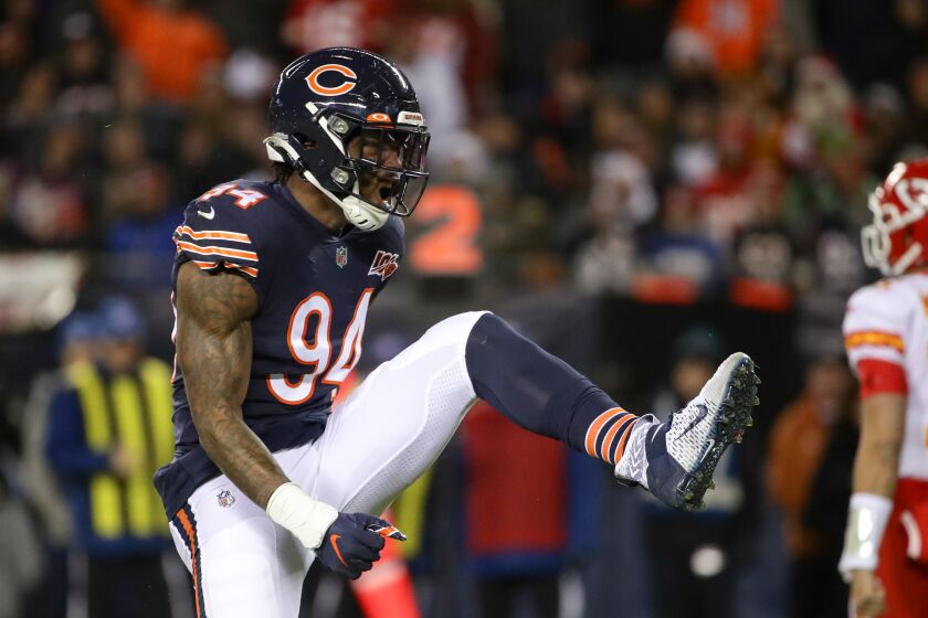 CHICAGO, ILLINOIS - DECEMBER 22: Outside linebacker Leonard Floyd #94 of the Chicago Bears celebrates against the Kansas City Chiefs in the first quarter of the game at Soldier Field on December 22, 2019 in Chicago, Illinois. (Photo by Jonathan Daniel/Getty Images)
