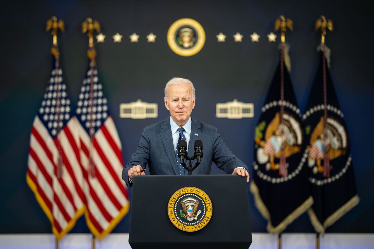 President  Biden speaks from a presidential lectern.