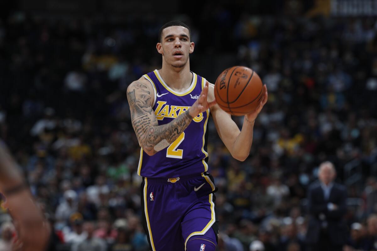 Los Angeles Lakers guard Lonzo Ball (2) in the first half of an NBA basketball game Tuesday, Nov. 27, 2018, in Denver.