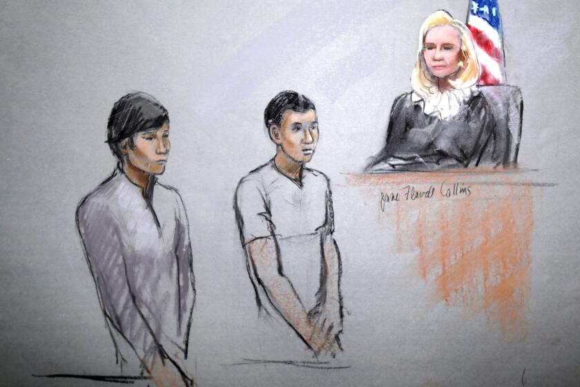 This courtroom sketch shows defendants Dias Kadyrbayev, left, and Azamat Tazhayakov appearing in front of Federal Magistrate Marianne Bowler at the Moakley Federal Courthouse in Boston in May.