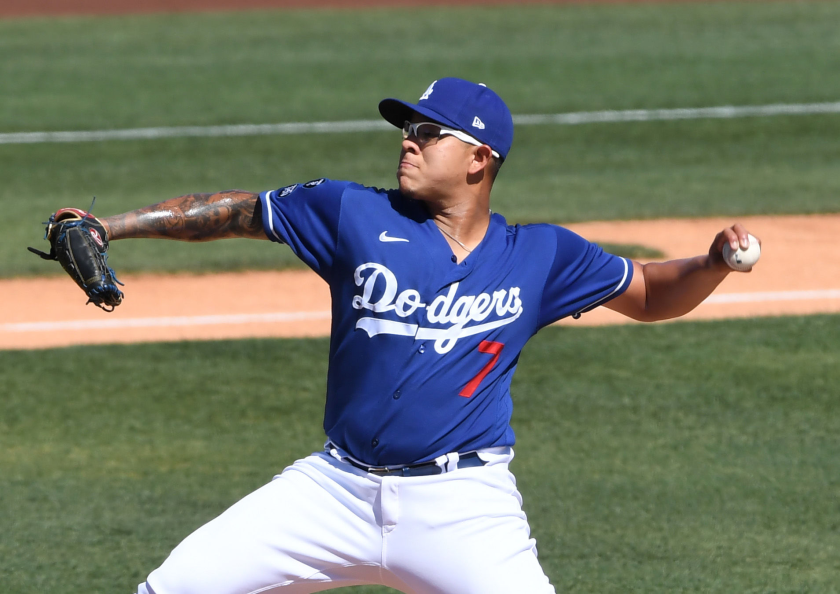 Dodgers left-hander Julio Urías pitches March 8, 2021.