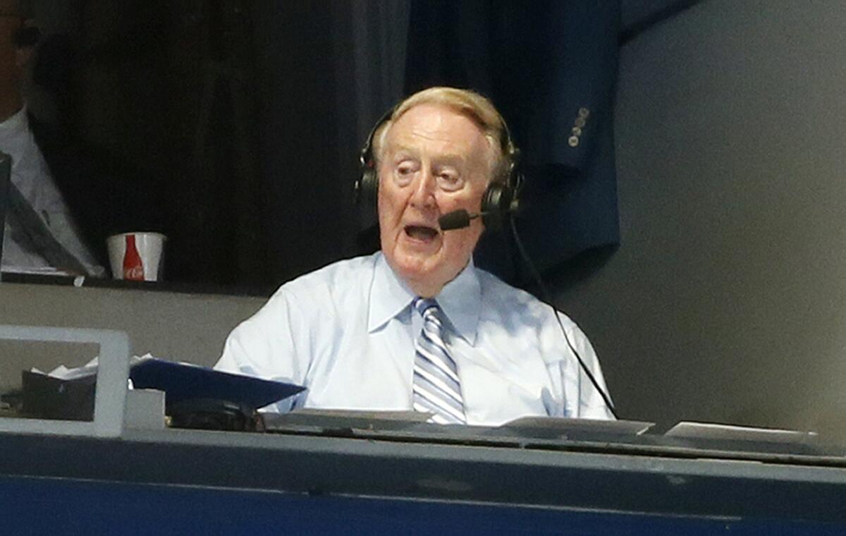 Vin Scully broadcasts from Dodger Stadium on Sept. 14.